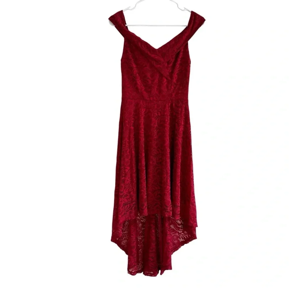 HR Homrain Red Lace Elegant Dress High Low Off the Shoulder MIDI Romantic S - Picture 2 of 13